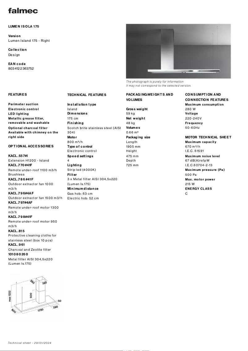 Page 1 de la notice Fiche technique Falmec Lumen 175