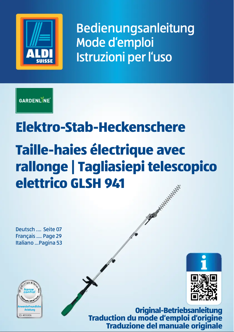 Page n°1 - Manuel utilisateur Gardenline GLSH 941