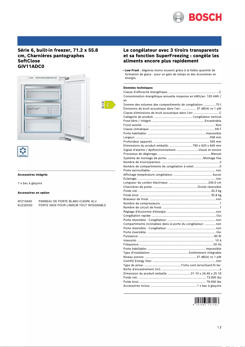 Page 1 de la notice Fiche technique Bosch GIV11ADC0