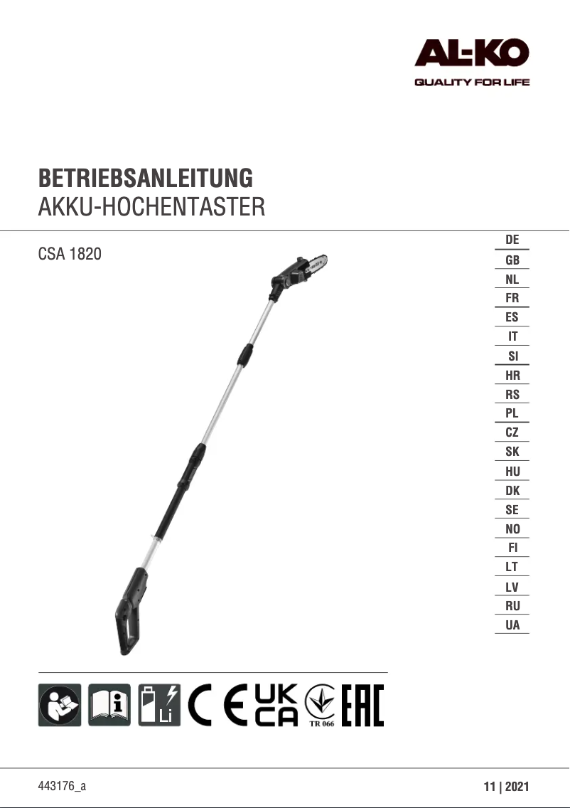 Page 1 de la notice Manuel utilisateur AL-KO 18 V CSA 1820