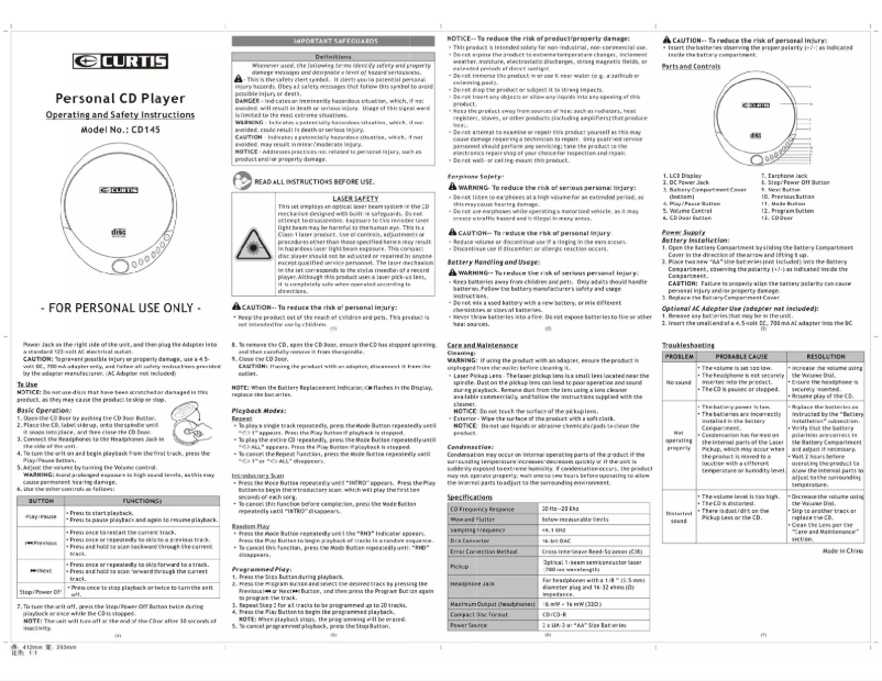 Page 1 de la notice Manuel utilisateur Curtis CD145