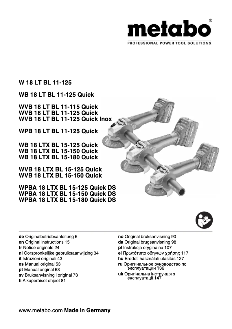 Page 1 de la notice Manuel utilisateur Metabo WPBA 18 LTX BL 15-150 Quick DS