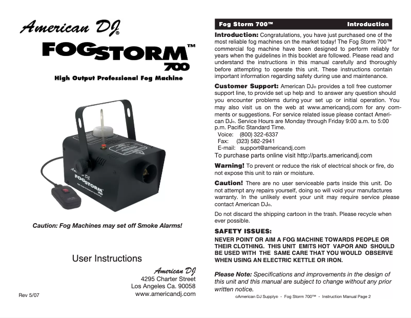 Imagen de la primera página del manual del dispositivo Fog Storm 700