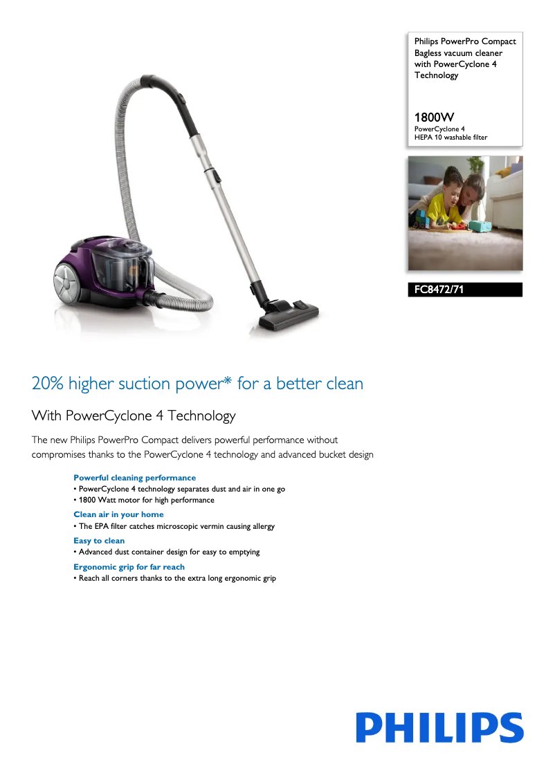Page n°1 - Fiche technique Philips PowerPro Compact FC8472