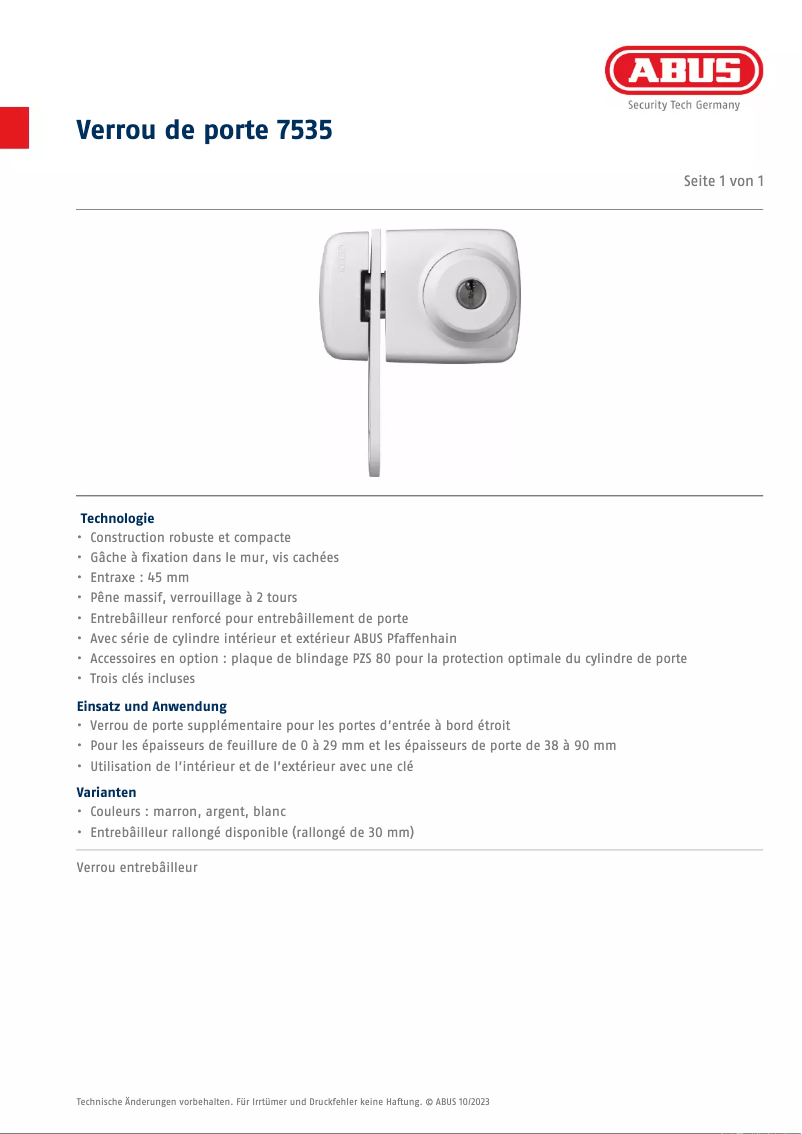 Page 1 de la notice Fiche technique Abus 7535