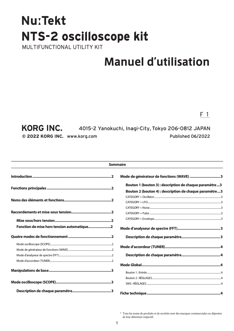 Page 1 de la notice Manuel utilisateur Korg NTS-2 oscilloscope kit