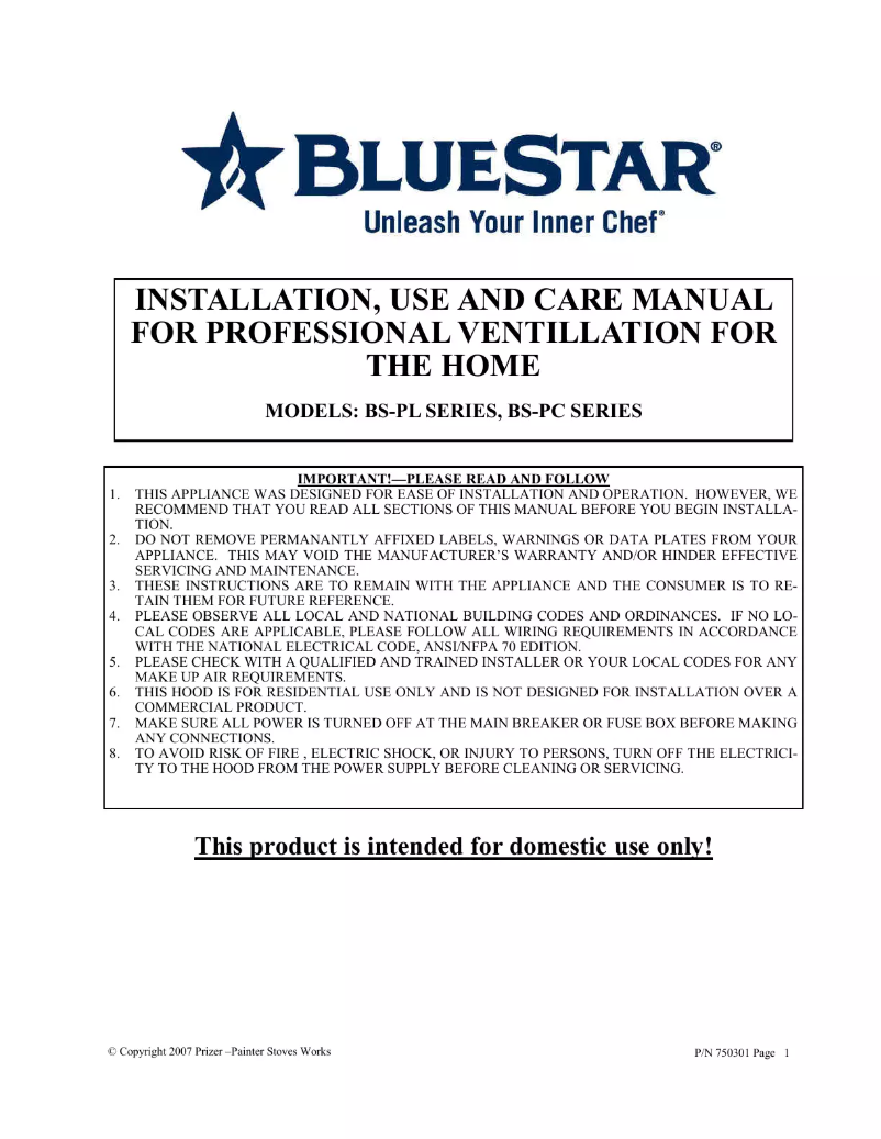 Page n°1 - Guide d'installation BlueStar PY036ML