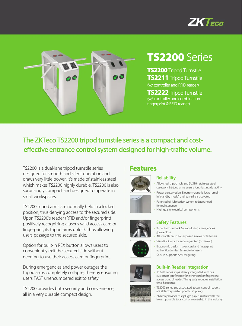 Page 1 de la notice Fiche technique ZKTeco TS2200