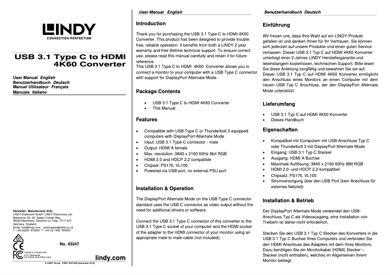 Page n°1 - Manuel utilisateur Lindy 43247