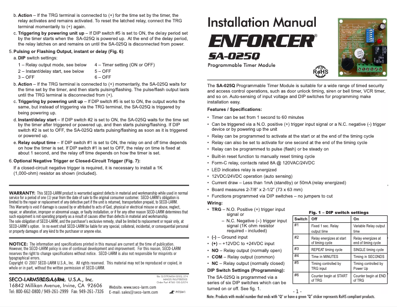 Page 1 de la notice Manuel utilisateur Seco-Larm SA-025Q