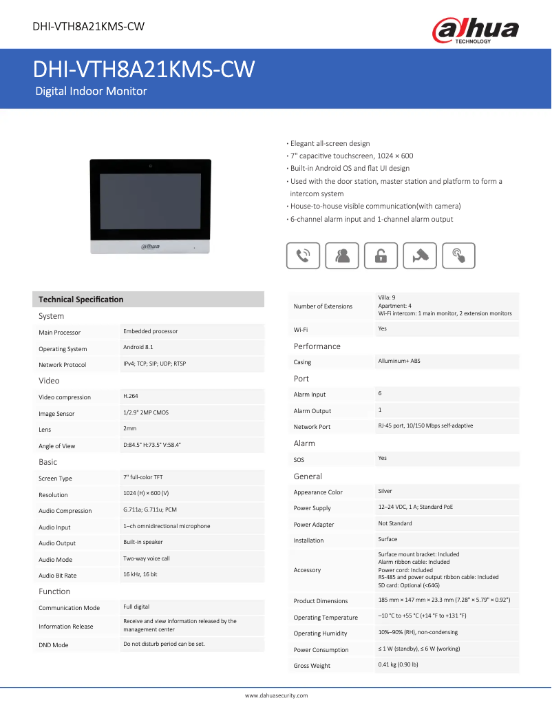 Page n°1 - Fiche technique Dahua Technology VTH8A21KMS-CW