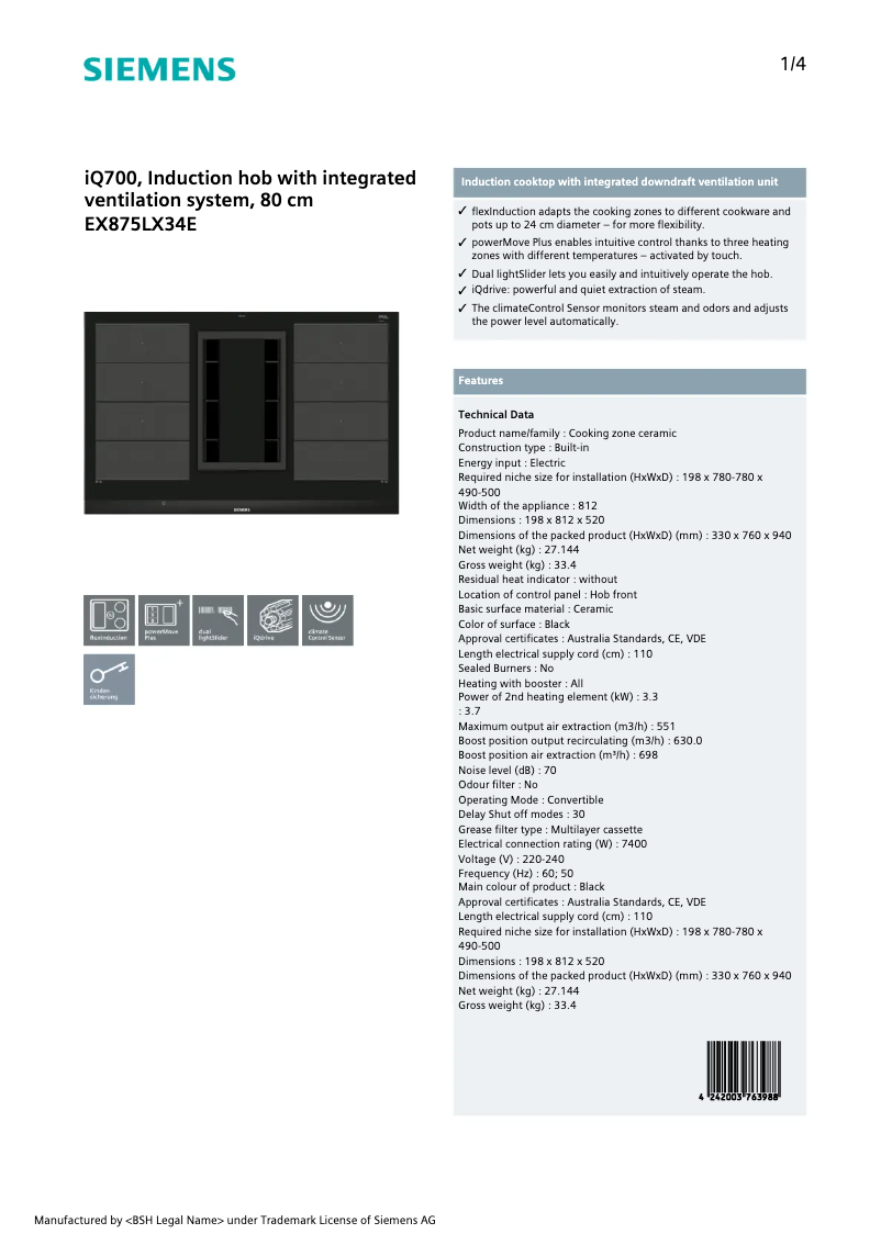 Page 1 de la notice Fiche technique Siemens EX875LX34E