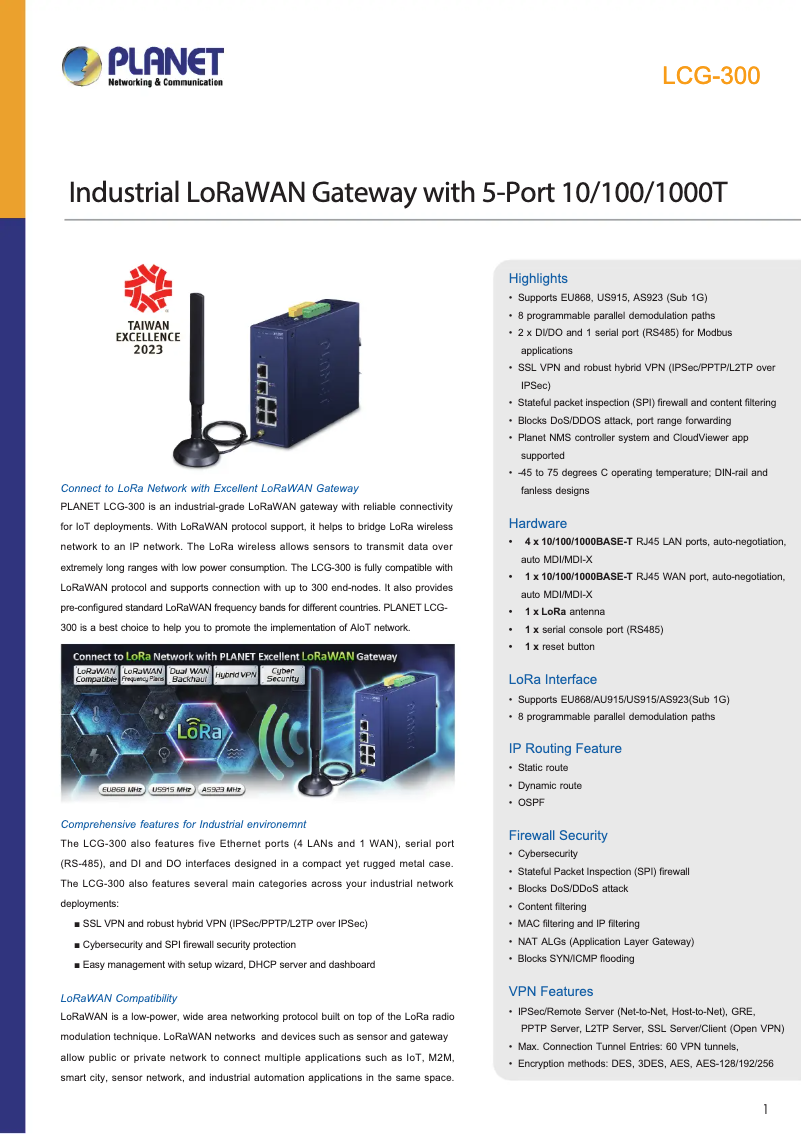 Page 1 de la notice Fiche technique Planet LCG-300