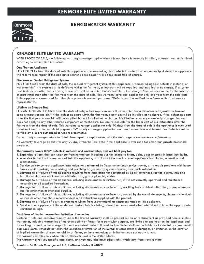 Page 1 de la notice Informations de garantie Kenmore Elite 73335