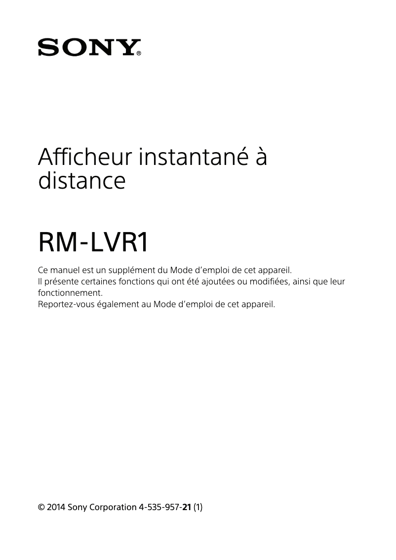 Page 1 de la notice Manuel utilisateur Sony RM-LVR1
