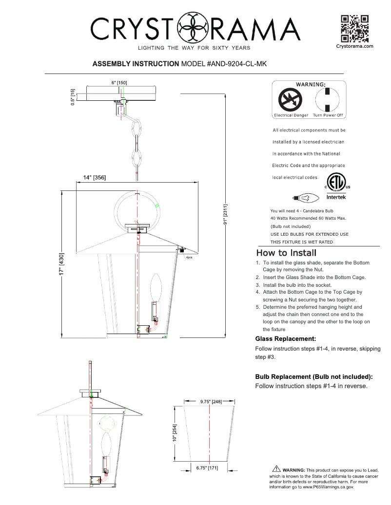 Page 1 de la notice Manuel utilisateur Crystorama Andover AND-9204-CL-MK