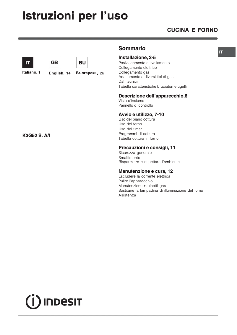 Page 1 de la notice Manuel utilisateur Indesit K3G52S.A(X)