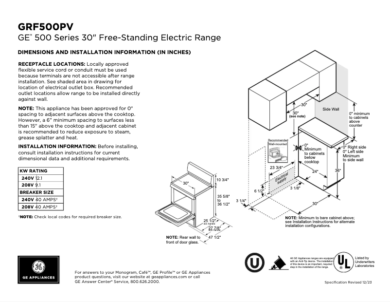 First page image of the manual for GRF500PVBB