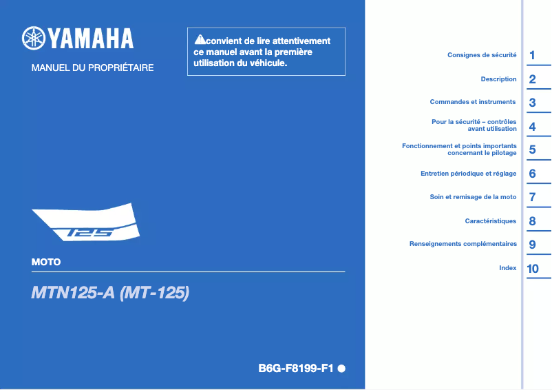 Page n°1 - Manuel utilisateur Yamaha MT125 (2022)
