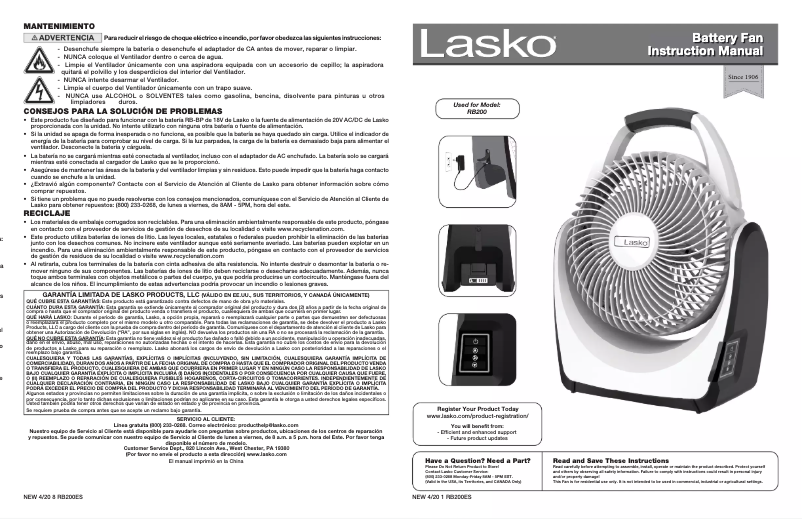 Página 1 del manual Manual de uso y mantenimiento Lasko RB200