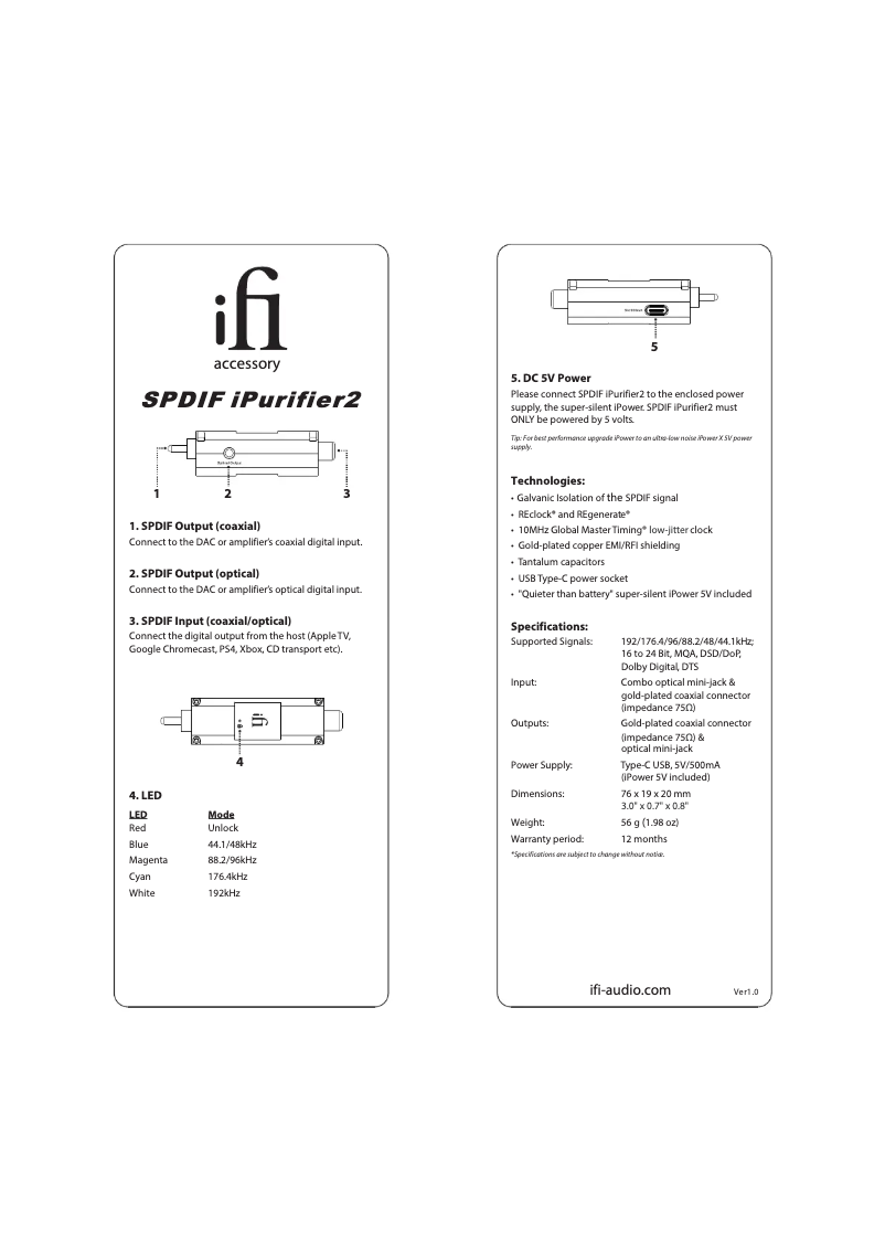 Page 1 de la notice Manuel utilisateur iFi Audio SPDIF iPurifier2