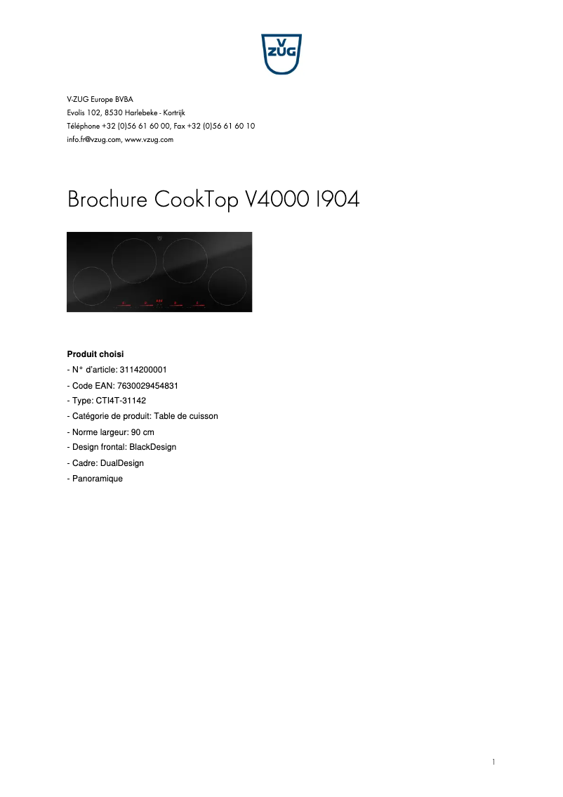Page 1 de la notice Brochure V-Zug CookTop V4000 I904