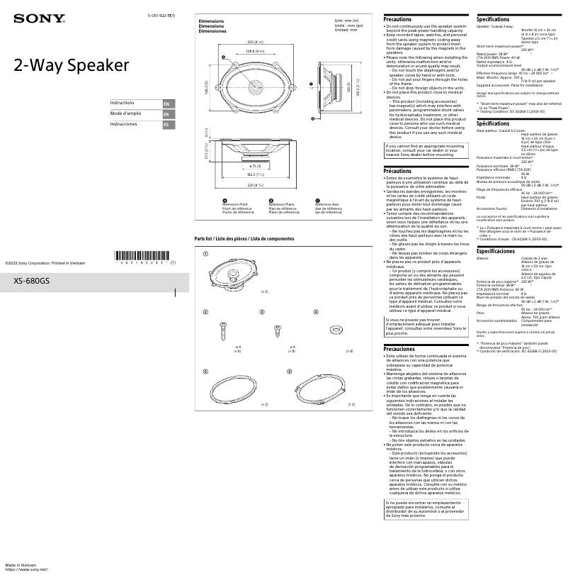 Page 1 de la notice Manuel utilisateur Sony XS-680GS