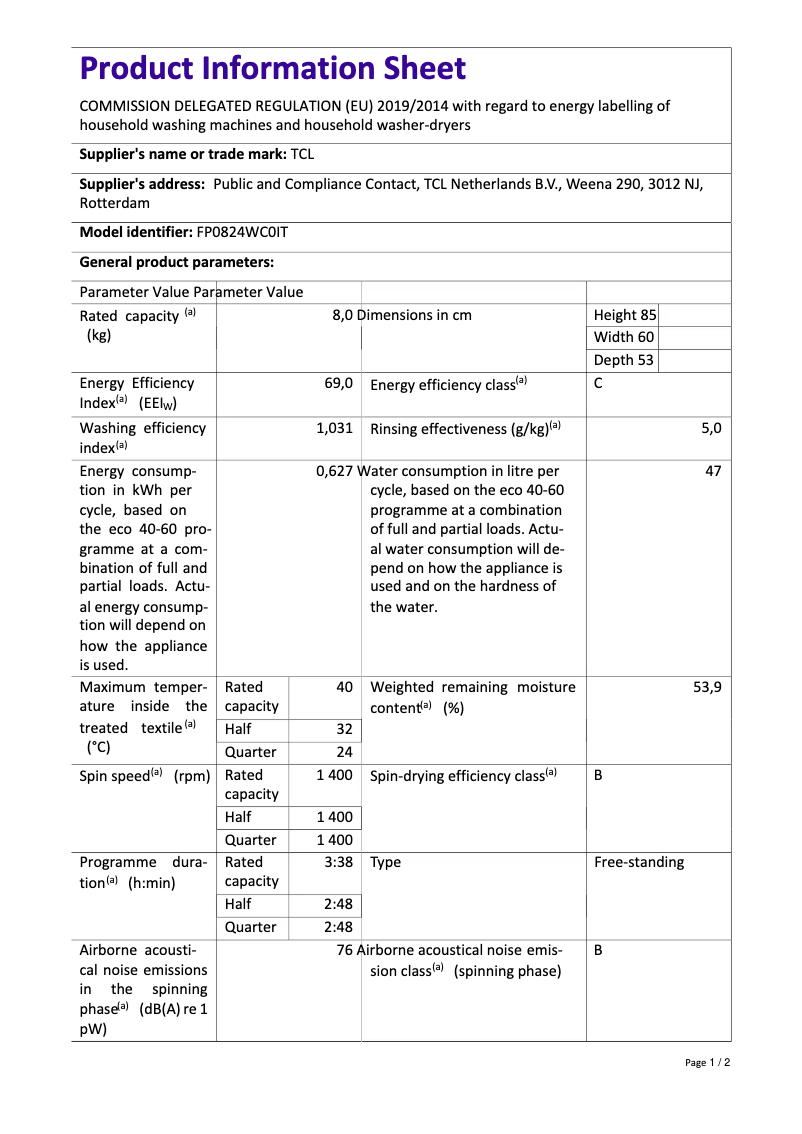 Página 1 del manual Ficha técnica TCL FP0824WC0