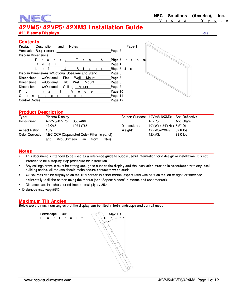 Page 1 de la notice Manuel utilisateur NEC PlasmaSync 42VM542VP5