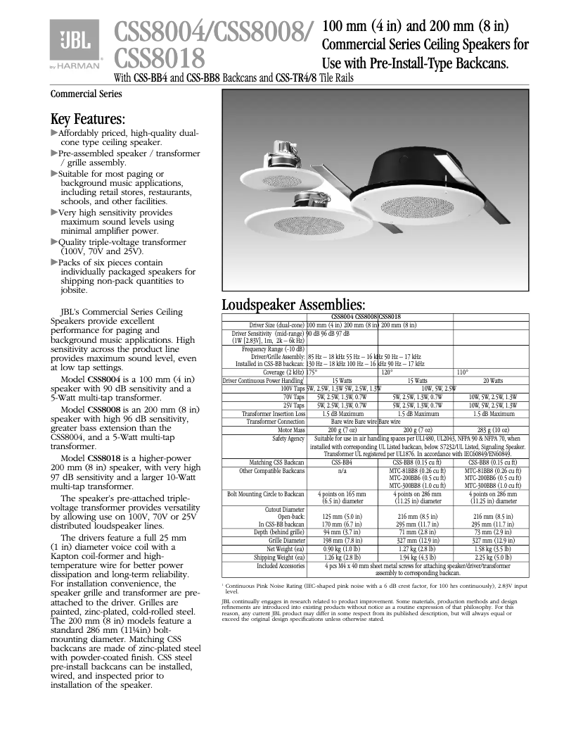 Page 1 de la notice Fiche technique JBL CSS8018