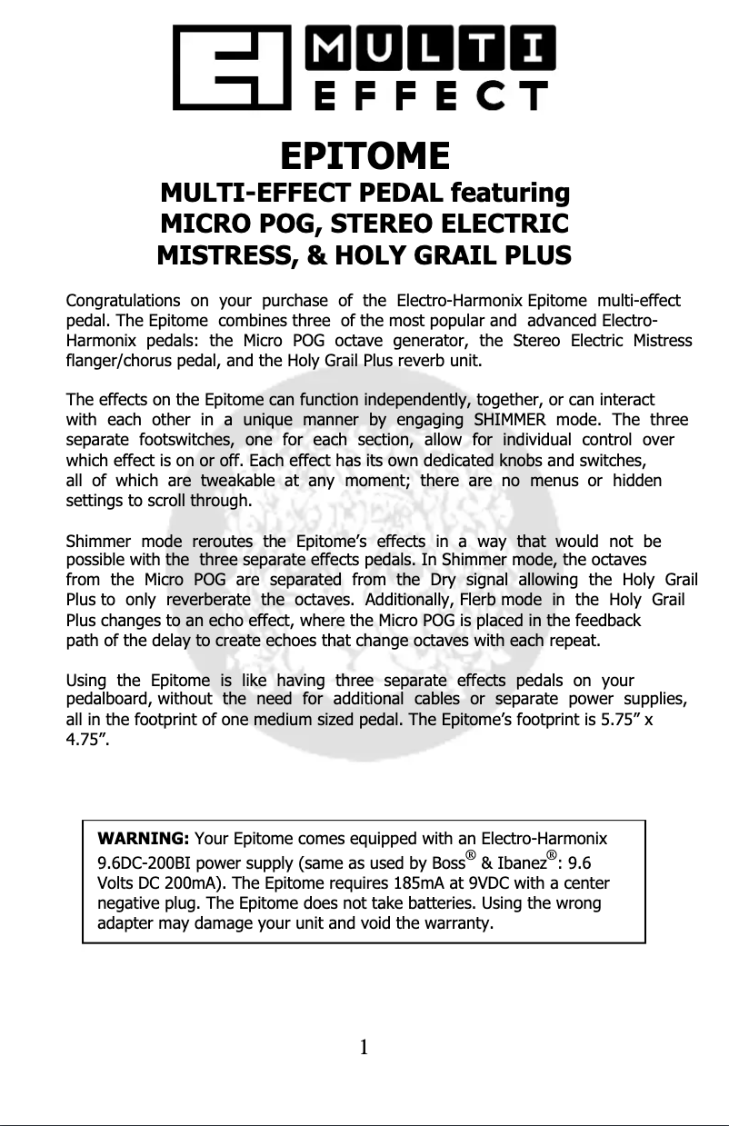 Page 1 de la notice Manuel utilisateur Electro Harmonix Epitome