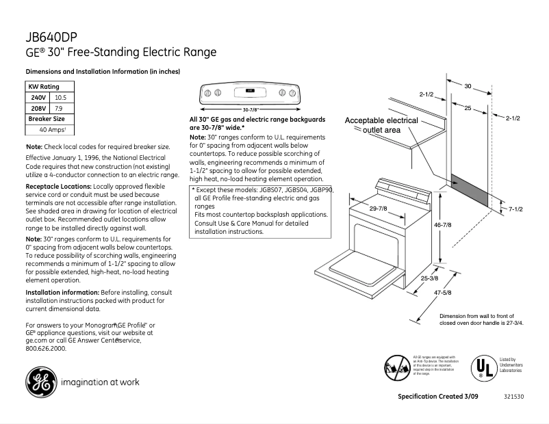Página 1 del manual Ficha técnica GE JB640DPBB