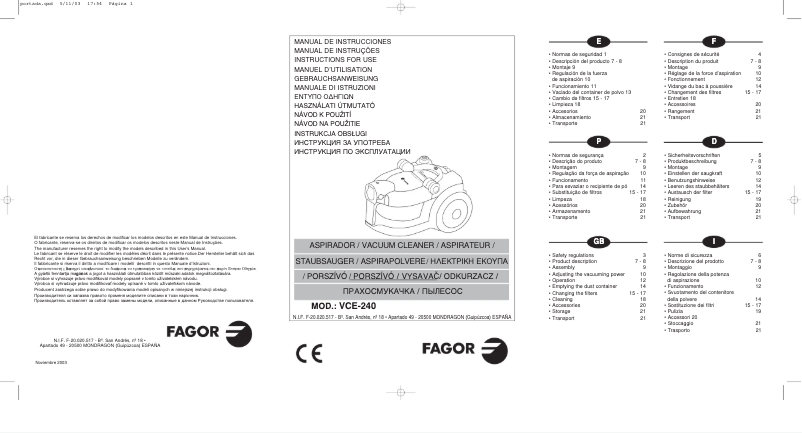 Image de la première page du manuel de l'appareil VCE-240