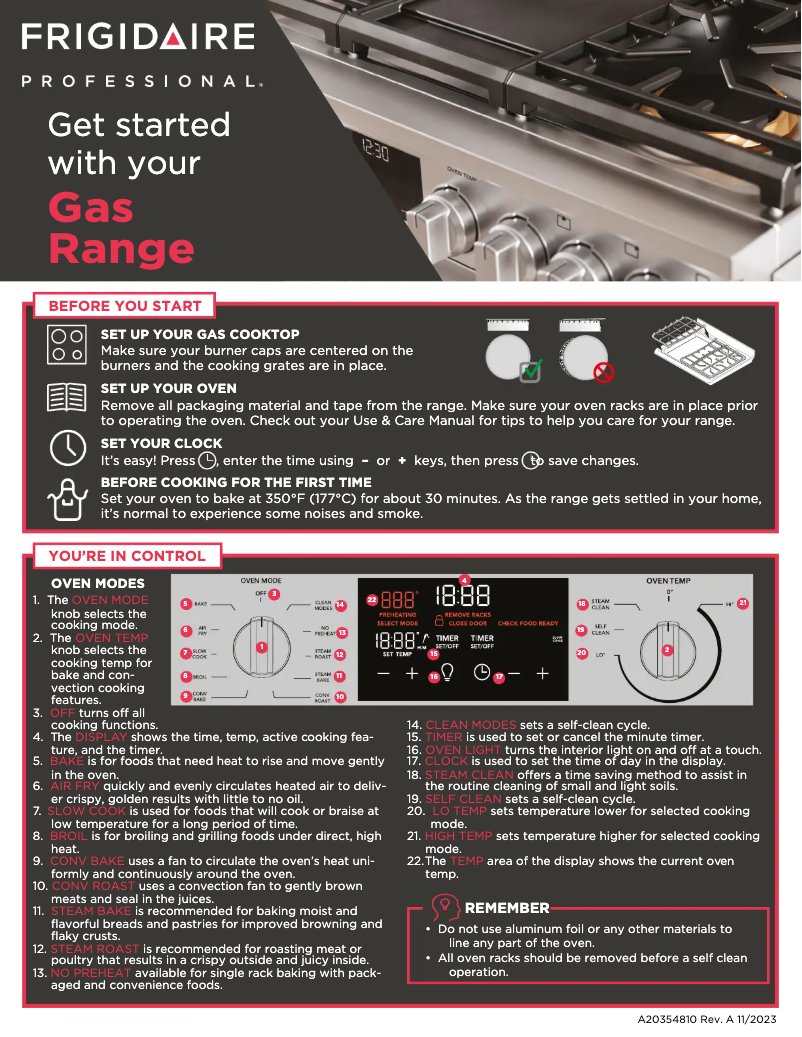 Page n°1 - Guide de démarrage rapide Frigidaire PCFG3080AF