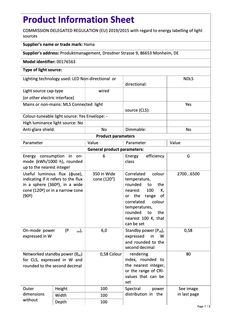 Page 1 de la notice Fiche technique Hama 00176563