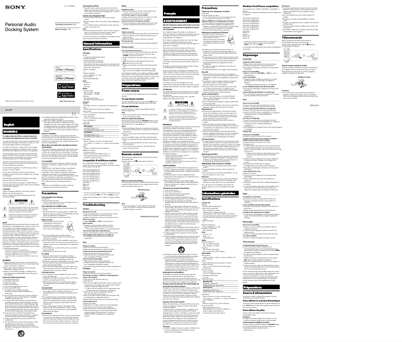 Page 1 de la notice Manuel utilisateur Sony ZS-S3iP