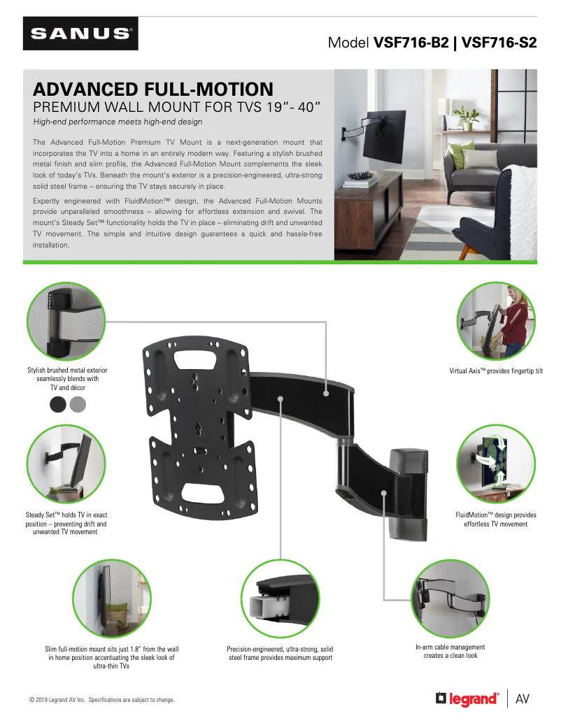 Page 1 de la notice Fiche technique Sanus VSF716-B2