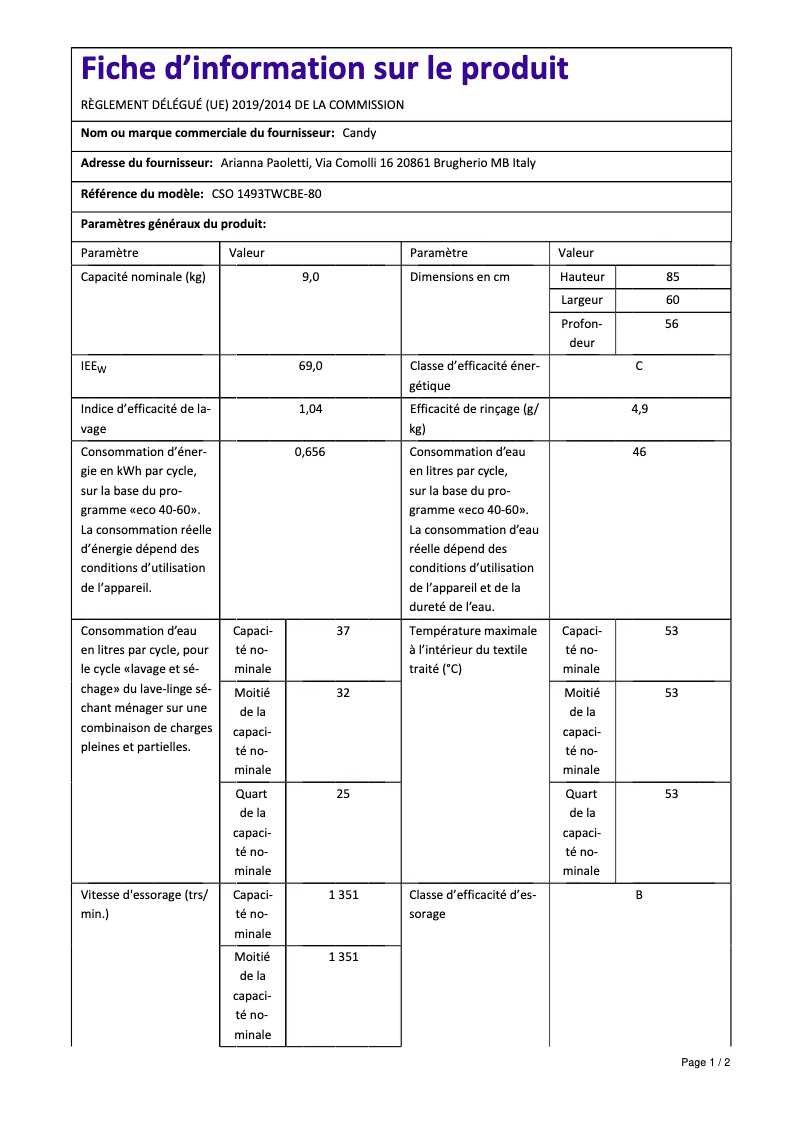 Page 1 de la notice Fiche technique Candy CSO1493TWCBE-80