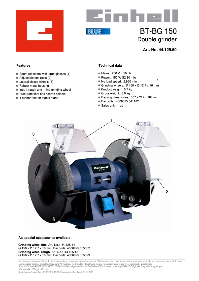 Page 1 de la notice Fiche technique Einhell BT-BG 150