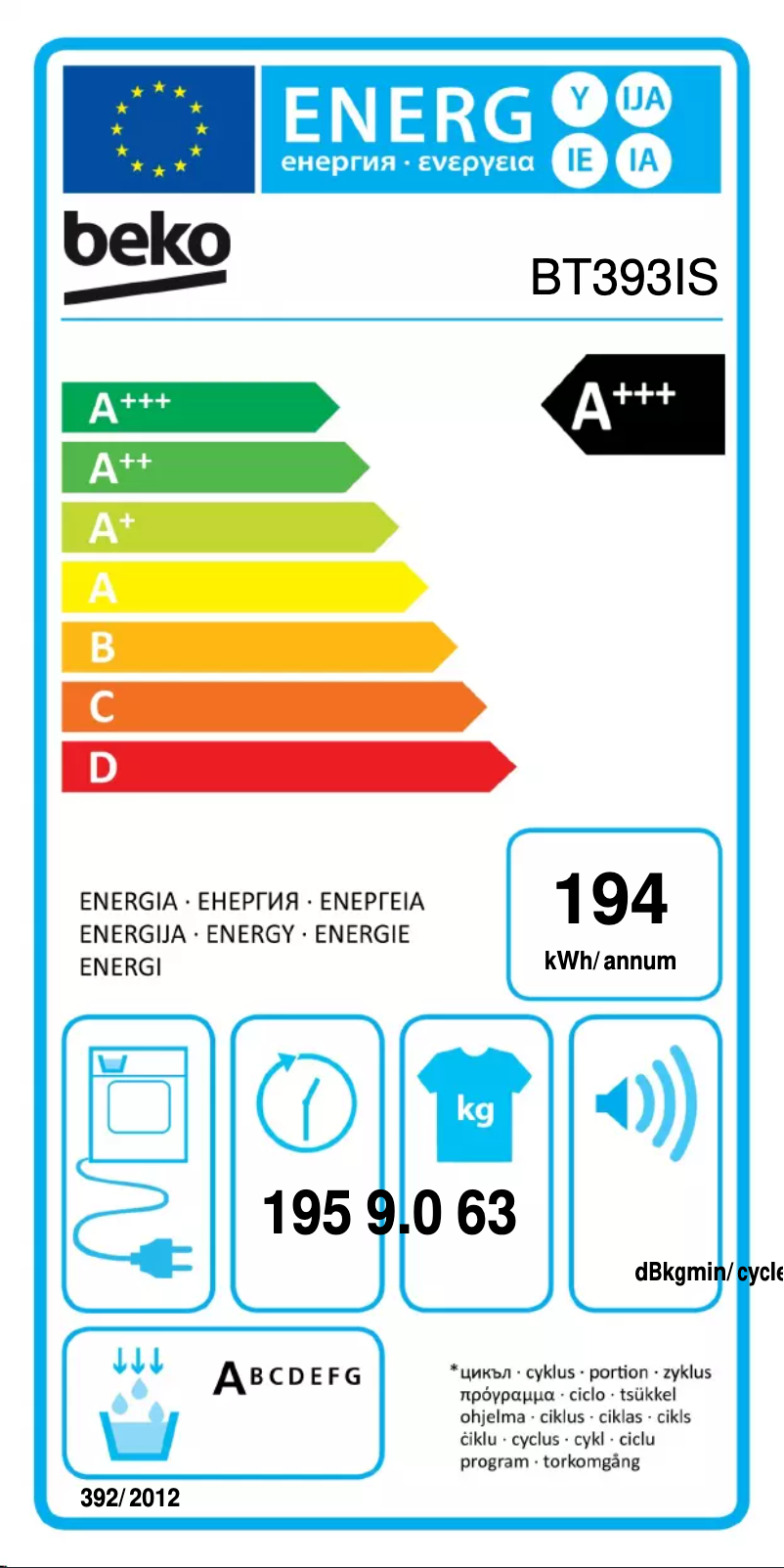 Page 1 de la notice Label énergétique Beko BT393IS