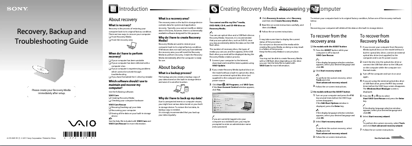 Page 1 de la notice Manuel utilisateur Sony VAIO VPCCA15FG