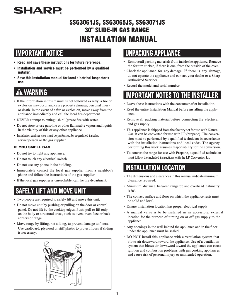 Page 1 de la notice Guide d'installation Sharp SSG3061JS