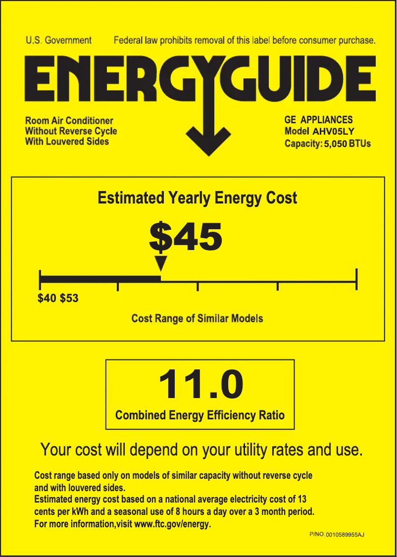 Page 1 de la notice Label énergétique GE AHV05LY
