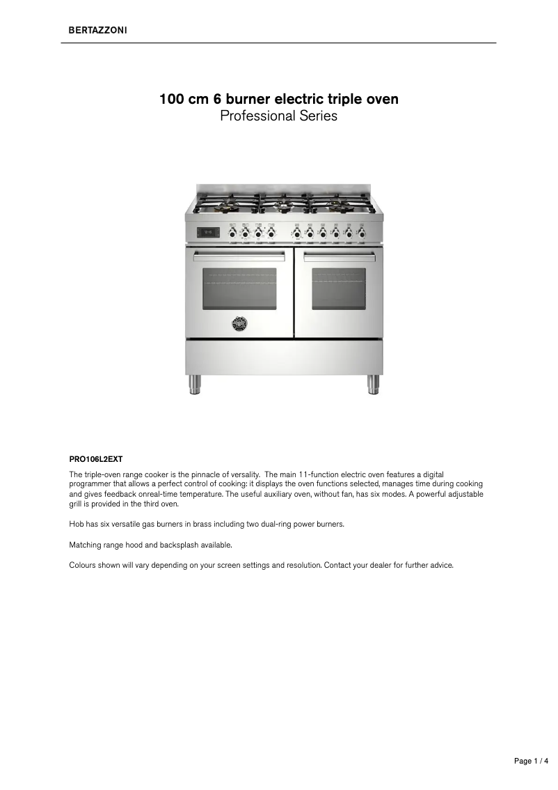 Page 1 de la notice Fiche technique Bertazzoni PRO106L2EXT