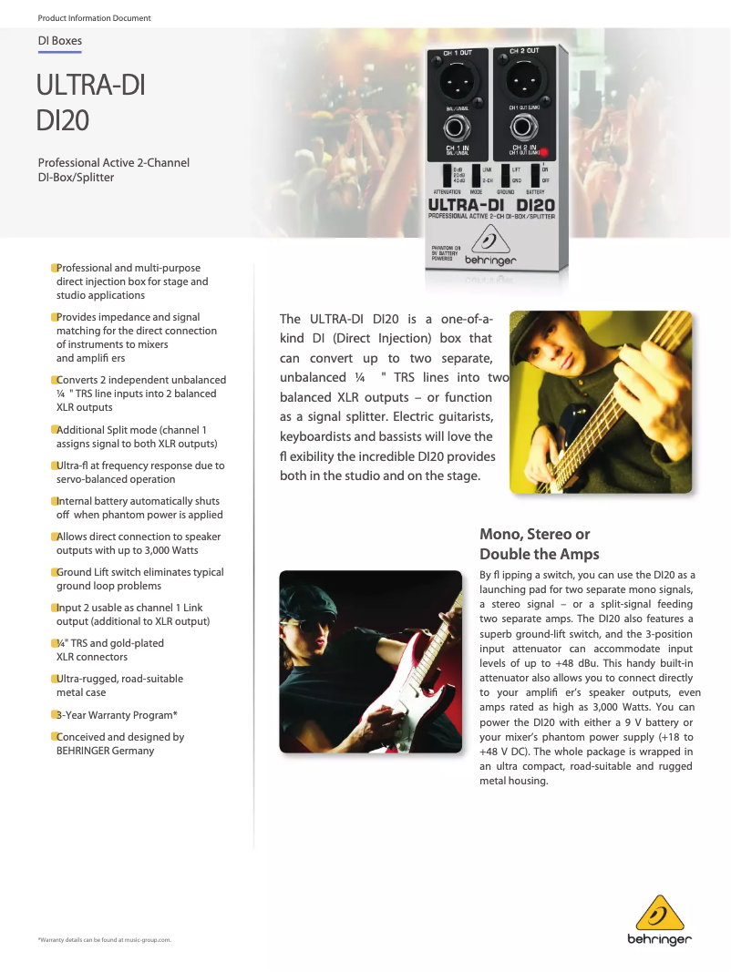 Page n°1 - Fiche technique Behringer Ultra-DI DI20