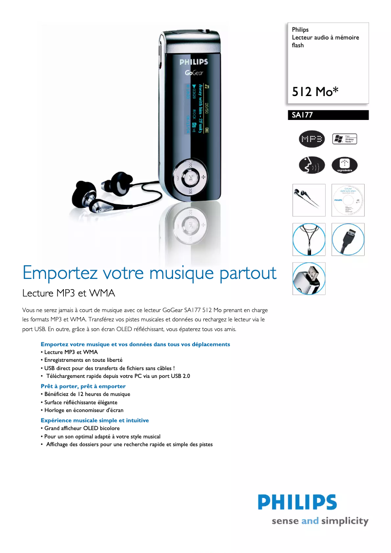 Page 1 of the manual Technical Sheet Philips GoGear SA177