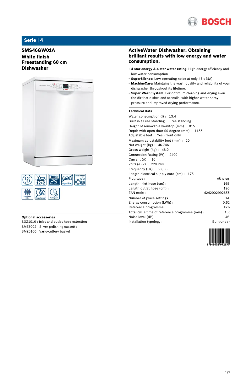 Page 1 de la notice Fiche technique Bosch SMS46GW01A