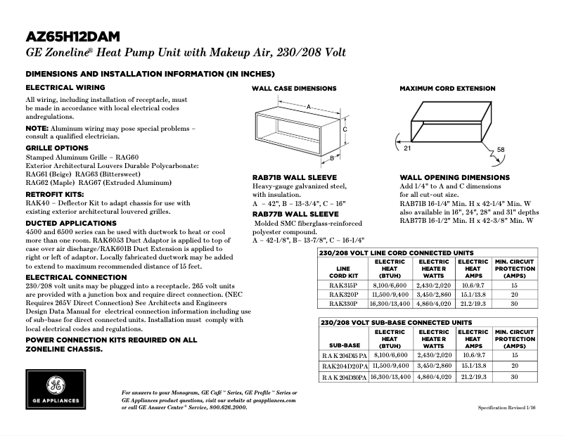 Página 1 del manual Ficha técnica GE AZ65H12DAM