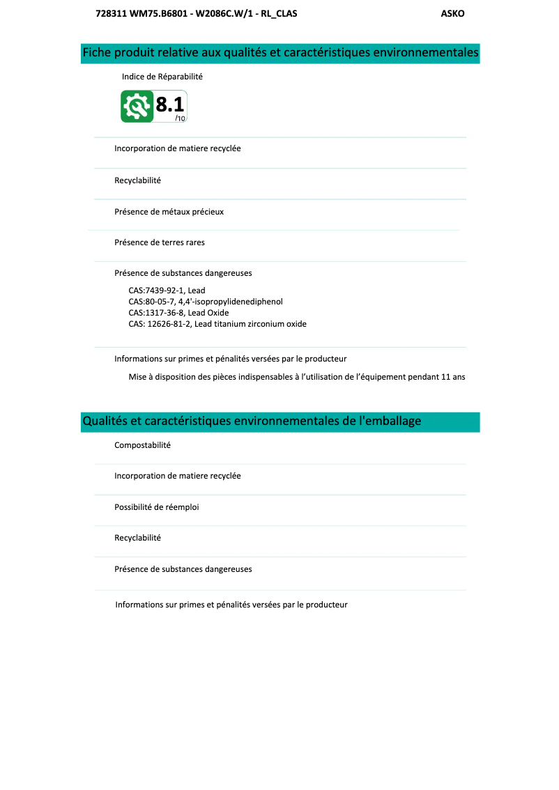 Page 1 de la notice Fiche technique Asko W2086CW1
