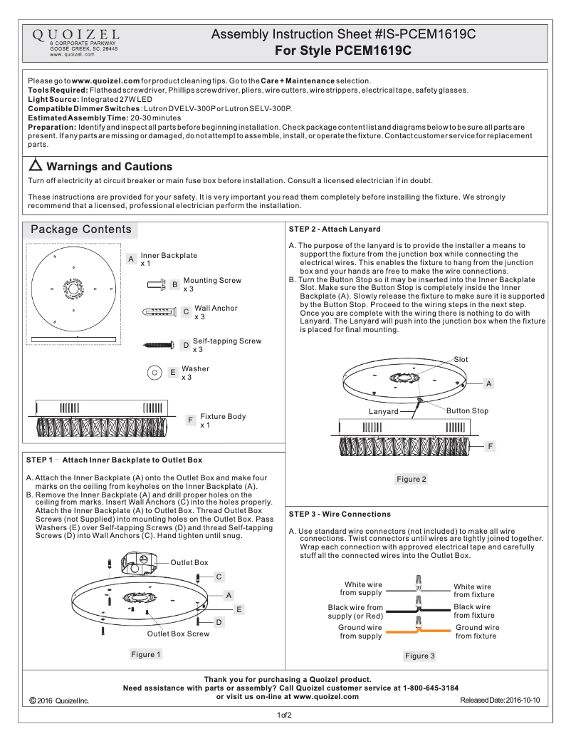 Page 1 de la notice Manuel utilisateur Quoizel PCEM1619C